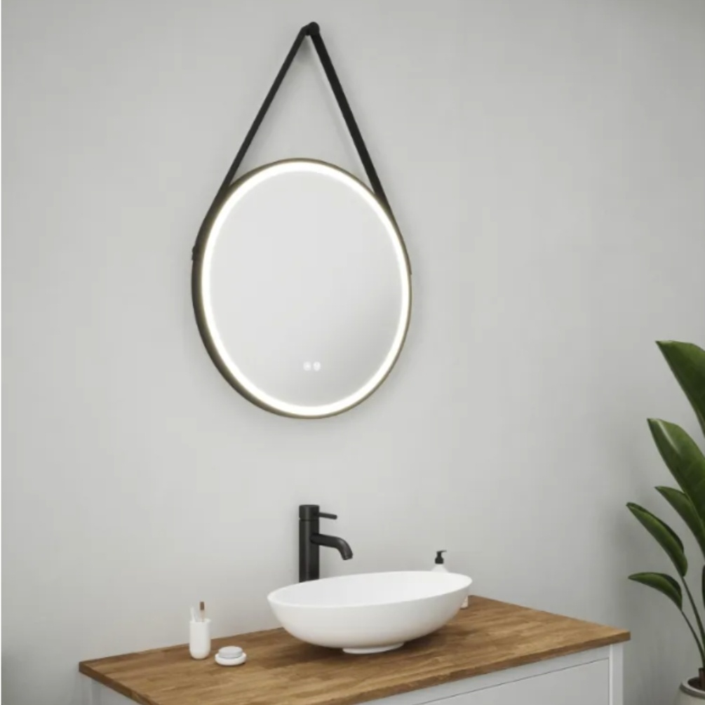 Close up product lifestyle image of the Zelda Round Colour Changing LED Mirror with Black Trim & Strap